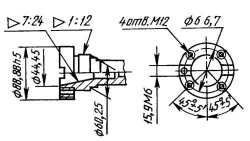 6Д81Ш Посадочные і присоединительные базы широкоуніверсального консольно-фрезерного верстата. Кінець вертикального поворотного шпинделя